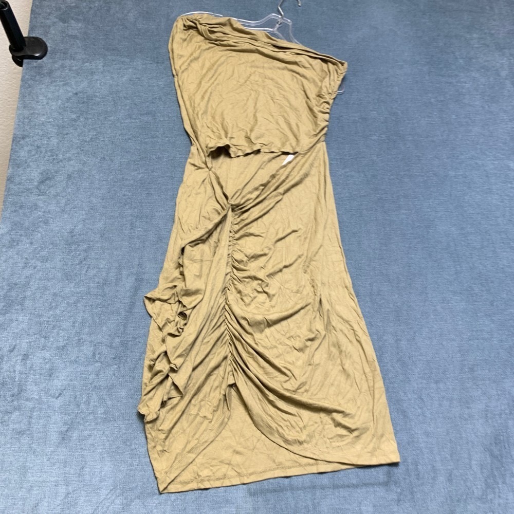 Micas Ruched Bodycon Dress Womens Large Khaki Asymmetric One Shoulder Front Slit